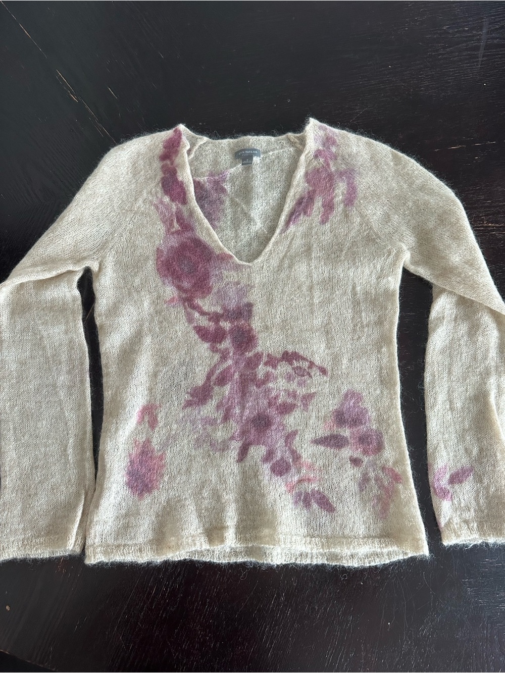 Ann Taylor Angora Wool V-Neck Sheer Sweater Delicate Floral Print